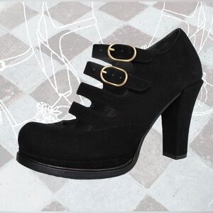 Chie Mihara Black Suede Multi-Strap Heels Pin Up